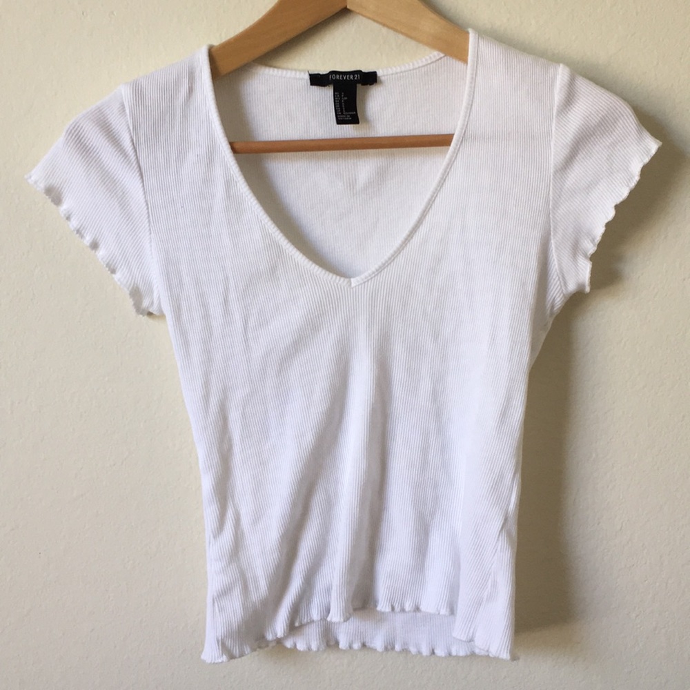 F21 White Ribbed Crop with Lettuce Hems